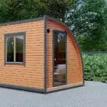 Camping Half Pod Außenansicht auf Terrasse mit Tür und Fenster