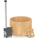 Holzbadefass Rund Fichte mit Ofen und Edelstahlband