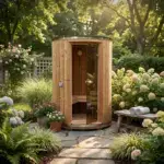 Fass Sauna Garten mit Tür offen